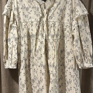 Ivory Floral Midi Dress with Ruffle Trim